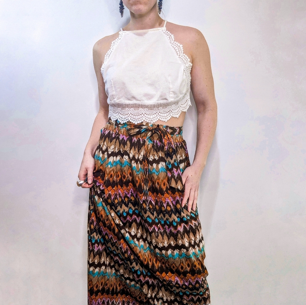 Multicolor tie waist boho silky maxi skirt